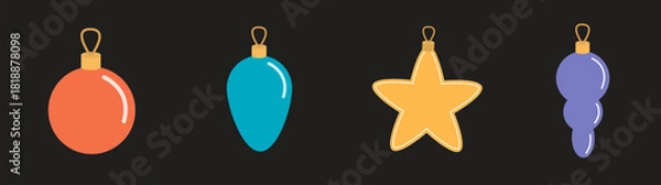 Fototapeta Christmas toy ball icon set. Christmas tree toy decoration. Round Star shape. Different color. Cute colorful bauble toy collection. New Year sign symbol. Flat design. Black background. Vector