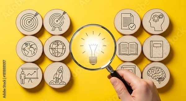 Fototapeta Magnifying glass focusing on a light bulb surrounded by wooden icons