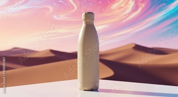 Obraz Desert sand colored drinking bottle placed on a white table, placed in front of a desert sand background, futuristic photo concept with bright colors