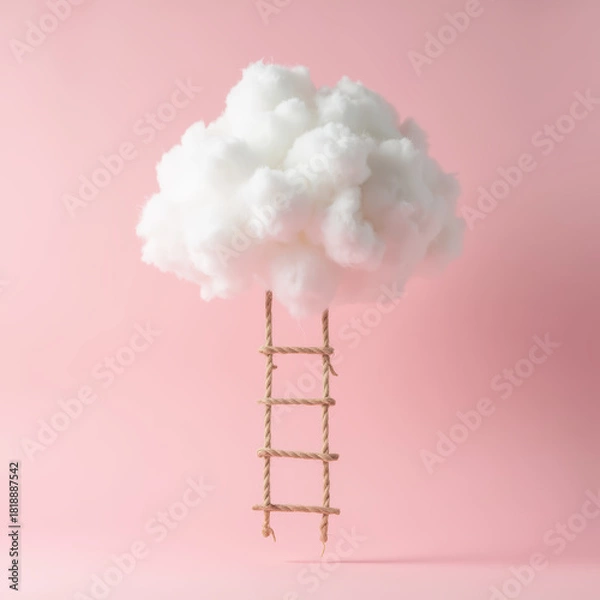 Fototapeta Fluffy cloud with rope ladder against pink background, creating whimsical and dreamy atmosphere