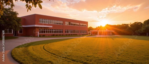 Fototapeta Beautiful sunset illuminates modern building surrounded by lush green grass, creating serene and inviting atmosphere