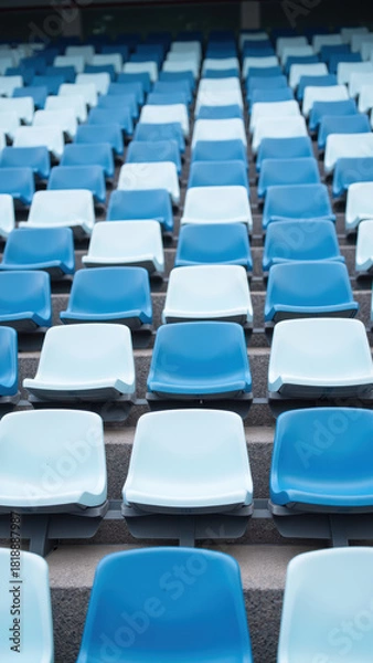 Fototapeta Empty stadium seats arranged pattern of blue and light blue colors create visually appealing scene. orderly layout evokes sense of anticipation