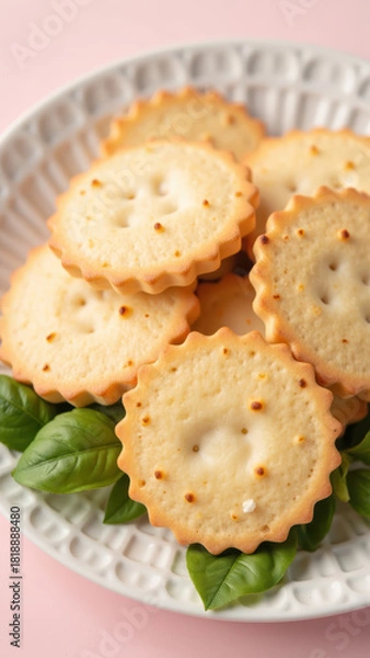 Fototapeta Delicious baked cookies arranged on decorative plate, garnished with fresh basil leaves, creating delightful presentation