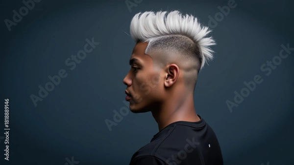 Fototapeta Stylish male with modern haircut featuring high fade and spiky white hair, posing against dark background