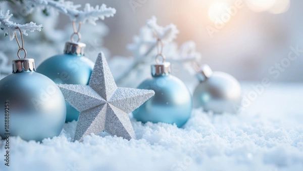 Fototapeta Sparkling blue ornaments and silver star create festive atmosphere on snowy surface, evoking joy of holiday season