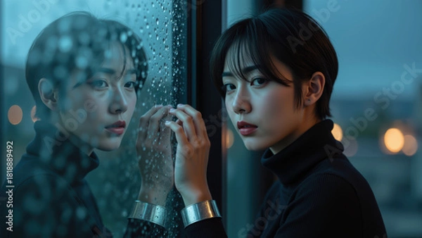 Fototapeta Contemplative individual gazes through rain soaked window, reflecting sense of introspection and calm. soft lighting enhances serene atmosphere