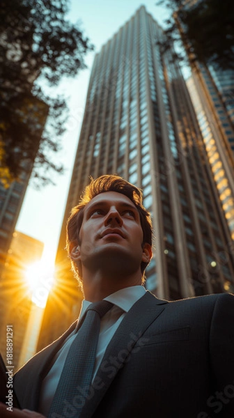 Fototapeta An ambitious business executive in an elegant suit looks up at impressive skyscrapers bathed in warm golden light.