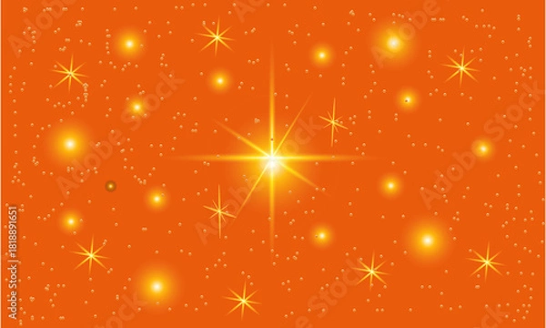 Fototapeta A vibrant orange background with twinkling stars and a bright central starburst