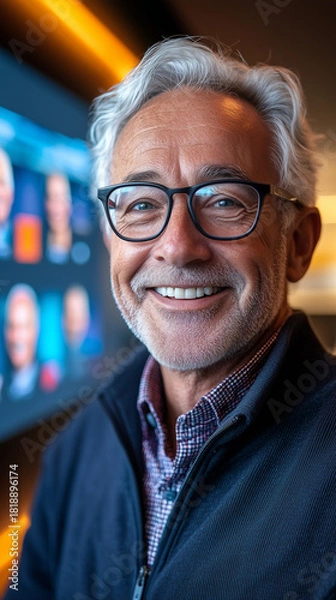 Fototapeta A happy senior man with grey hair and beard smiles directly at the camera, wearing glasses in a professional indoor setting.
