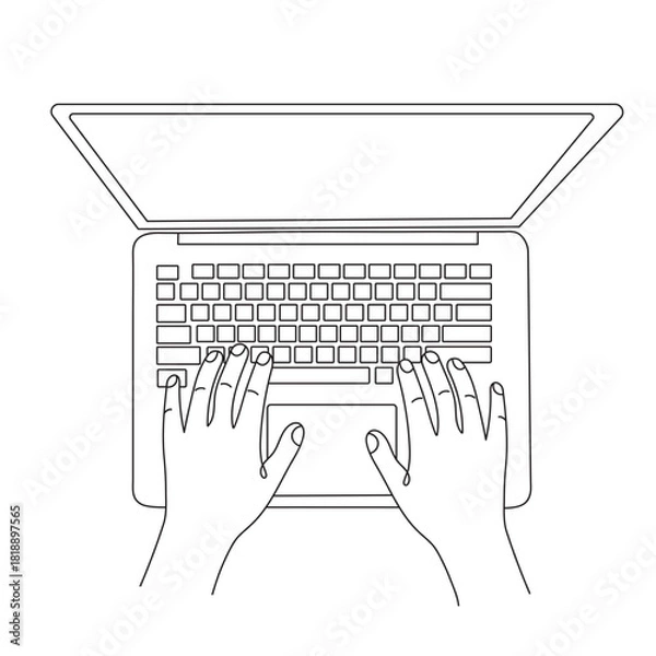 Fototapeta A single line drawing of a hand typing on a keyboard. Editable line.