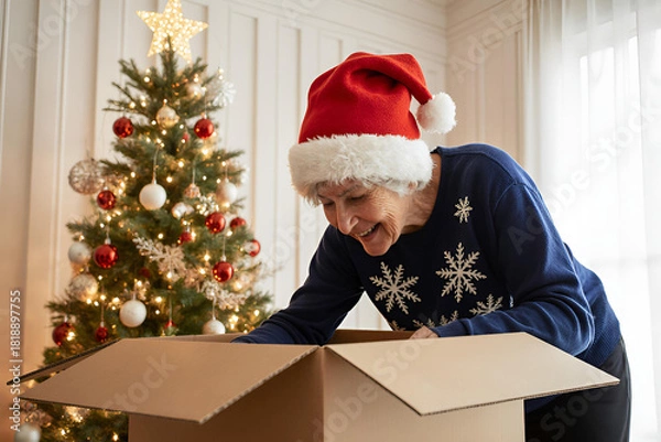 Fototapeta A cheerful grandmother wearing a red and white Santa hat and a cozy blue sweater with white snowflake patterns, looking down into a large cardboard box from above. The perspective is from inside the b