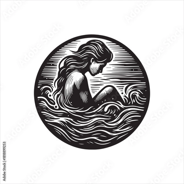 Obraz Mythical water nymph in a circular vintage woodcut style vector logo illustration