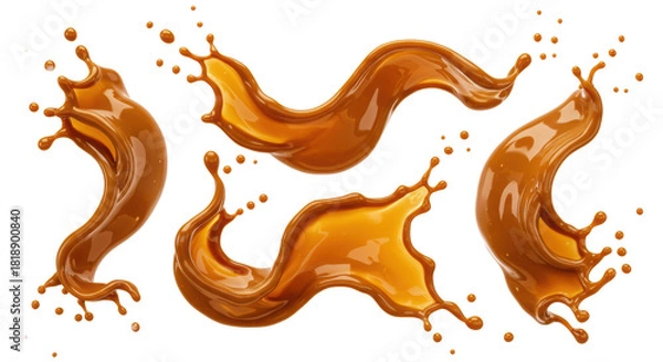 Fototapeta Rich, glossy, golden-brown caramel sauce splashing and swirling dynamically, glistening translucent droplets frozen mid-air against a transparent background with copy space, delicious dessert concept