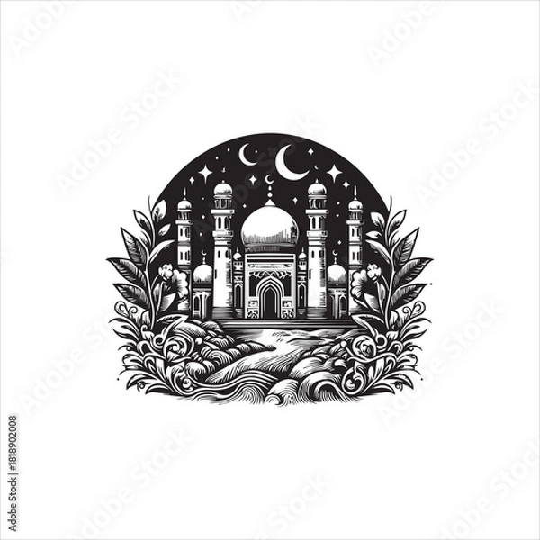Obraz Ornate mosque emblem design with a crescent moon and stars, a beautiful black and white vector logo illustration