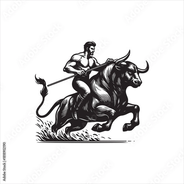 Obraz Taurus vector logo illustration of a muscular man riding a bull, eps 9 format