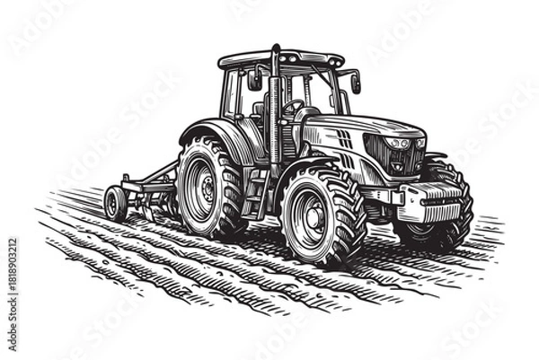 Fototapeta farm tractor engraving vector style