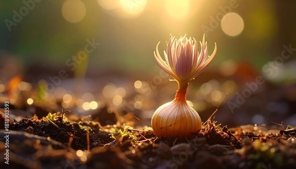 Fototapeta Onion Bulb Sprout in Sunlight.