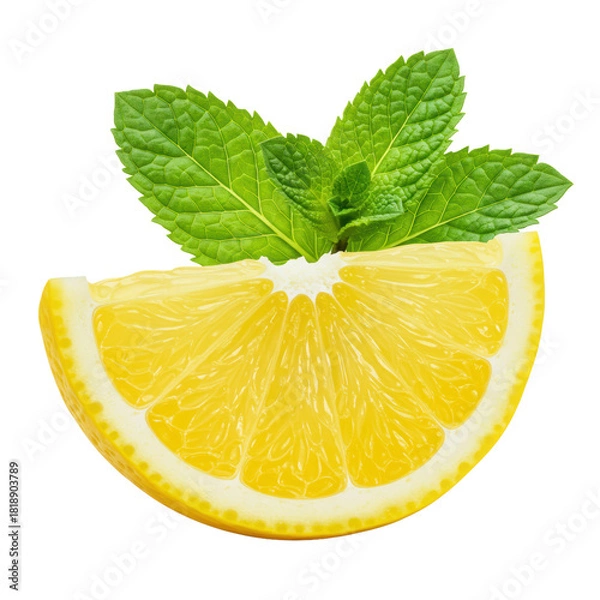 Fototapeta Meticulously detailed lemon wedge with vibrant yellow zest and juicy pulp, perfectly complemented by three crisp green mint leaves on a transparent background with copy space, concept for refreshing