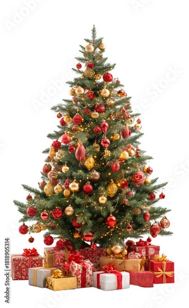Fototapeta A decorated Christmas tree adorned with red and gold ornaments, warm string lights, and wrapped gifts arranged at the base.
