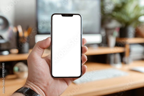 Obraz A close-up of a hand holding a smartphone with a blank black screen inside a modern home office workspace.