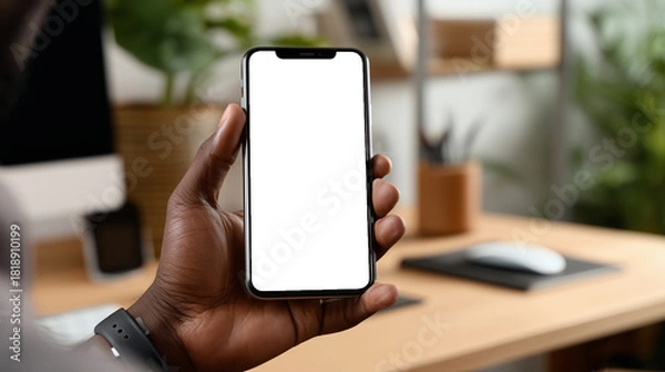 Fototapeta hand, phone, smartphone, screen, blank, display, device, tech, mobile, holding, office, workspace, desk, modern, digital, gadget, male, arm, closeup, background