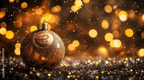 Obraz A golden Christmas ornament with intricate patterns glows against a soft bokeh background, creating a festive and luxurious holiday atmosphere.