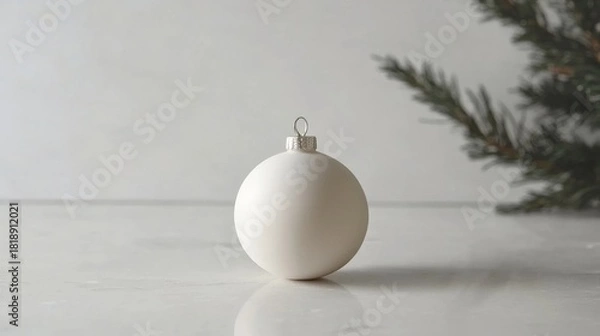 Obraz A minimalist studio shot of a white ornament ball on a clean surface with soft lighting and a pine branch in the background.