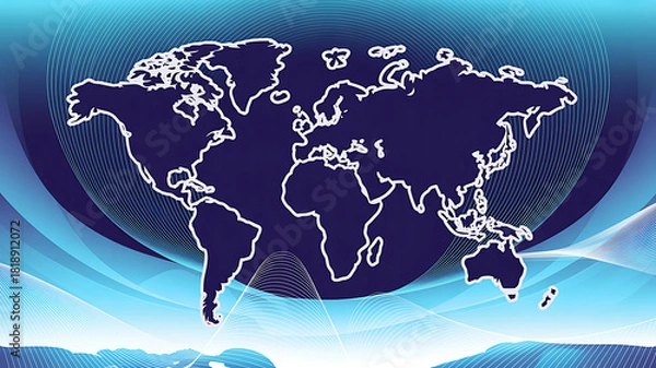 Fototapeta World map on abstract blue background with curved lines pattern