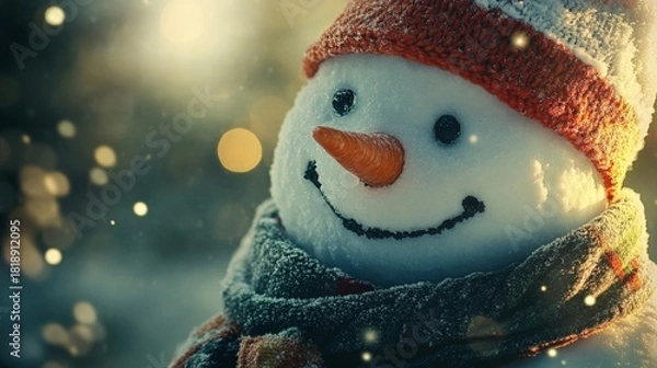 Obraz Close-up portrait of a cheerful snowman face with frosty details, warm lighting, and soft bokeh background.