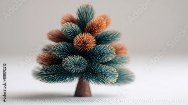 Obraz A minimalist miniature Christmas tree in Scandinavian style with soft lighting and high-detail textures on a clean background.