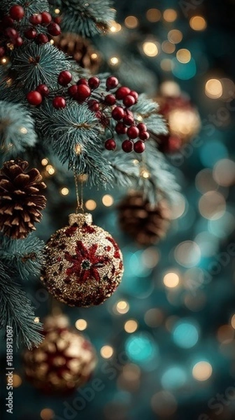 Fototapeta Close-up of a decorated Christmas tree branch with golden ornaments, red berries, pine cones, and warm lights against a blue bokeh background.