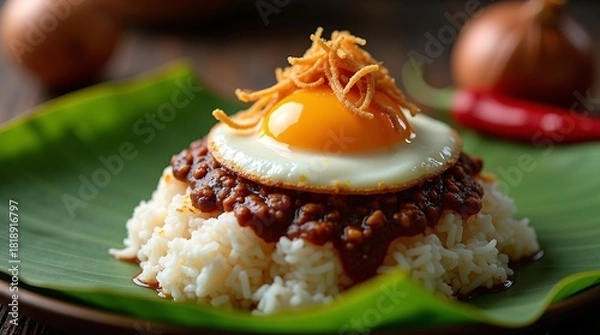 Fototapeta A dish of white rice topped with a meat sauce, a sunny-side-up egg, and crispy noodles, served on a green leaf, with onions and a chili pepper in the background.