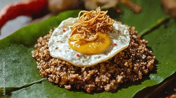 Fototapeta A dish of seasoned minced meat topped with a sunny-side-up egg and crispy noodles, served on a green leaf.