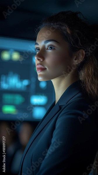 Fototapeta A focused professional woman stands in a high tech control room, intently observing data on glowing screens.