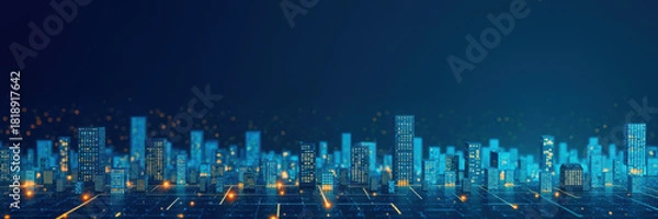 Fototapeta Banner, Stylized cityscape glows with amber accents against midnight blue. Seamless gradients suggest futuristic urban development and next generation 5g and 6g mobile networks.