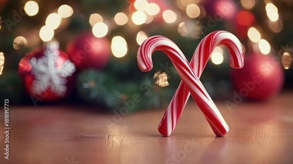 Fototapeta two candy canes crossed, a christmas background with twinkling lights decorations, christmas-themed illustration