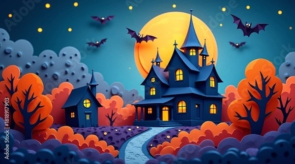Fototapeta A Halloween scene with haunted houses, a full moon, bats, colorful autumn trees, and a playful, layered paper-art style.