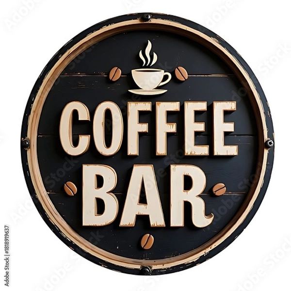 Fototapeta Wooden round COFFEE BAR signage isolated on white background