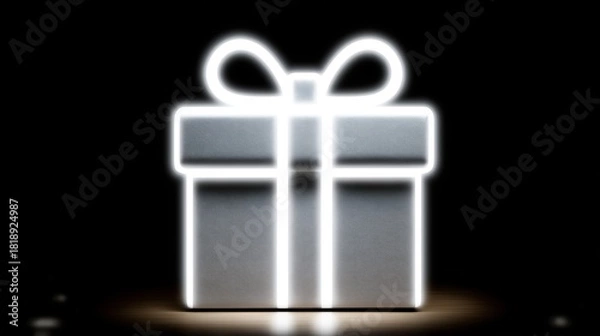 Fototapeta Glowing present with elegant neon outline standing on a reflective surface, creating a captivating and upscale atmosphere for celebrations