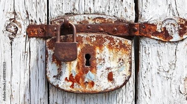 Obraz keyhole. Antique lock on weathered wooden door showing rust texture details in close-up. real-estate listings, architecture portfolios, designed for interior renovation comparisons for interiors.