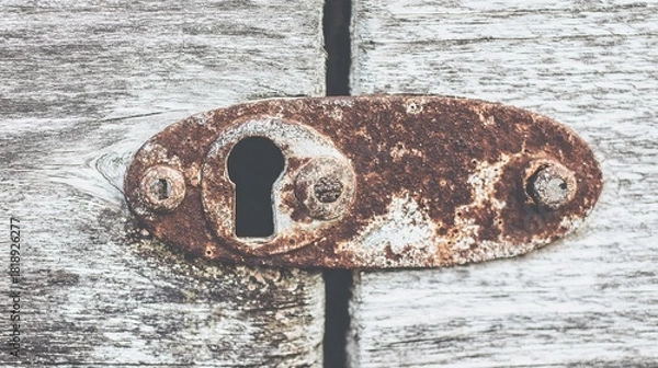 Fototapeta keyhole. Antique lock on weathered wooden door showing rust texture details in close-up. real-estate listings, architecture portfolios, designed for interior renovation comparisons for interiors.