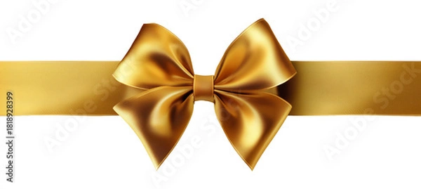 Fototapeta Golden satin ribbon tied into a decorative bow on a white background.