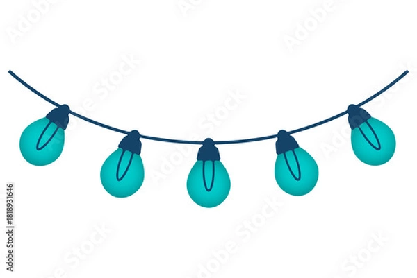 Fototapeta Simple string of teal colored light bulbs in PNG format, isolated on a transparent background. Ideal decoration element for parties, summer events, holidays, and banners.