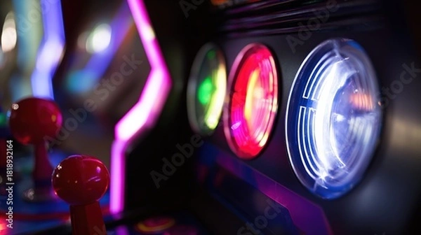 Obraz joystick. Arcade corner with glowing neon lights and illuminated buttons in dark setting. tutorial guides, club newsletters, designed for tourism and weekend activity guides.