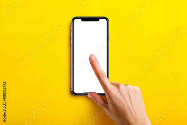 Fototapeta A hand holds a smartphone against a bright yellow background while another hand touches the blank screen.