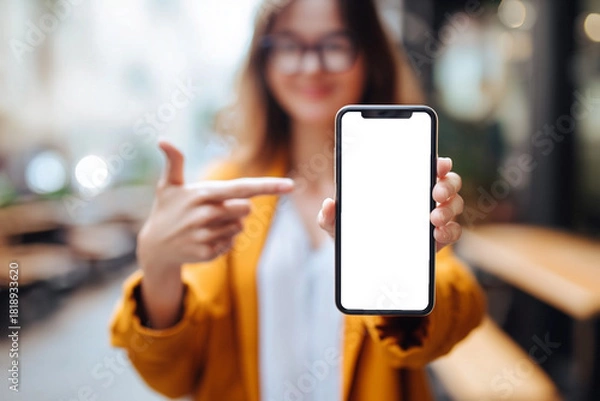 Obraz A young woman wearing glasses and a yellow jacket holds a smartphone with a blank black screen toward the camera while pointing at it in an indoor setting.