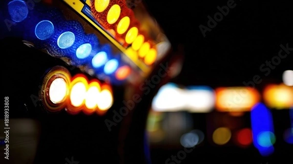 Fototapeta joystick. Arcade corner with glowing neon lights and illuminated buttons in dark setting. tutorial guides, club newsletters, designed for tourism and weekend activity guides.