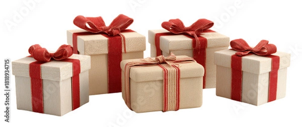 Fototapeta A collection of beige gift boxes wrapped with red ribbons and bows arranged together.