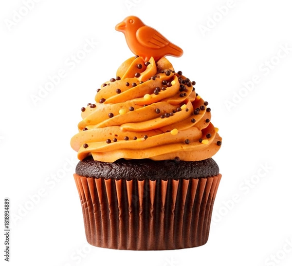 Fototapeta Delicious chocolate cupcake with vibrant orange frosting, festive sprinkles, and a charming bird, isolated on transparent background
