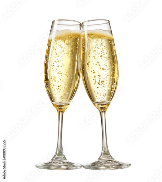 Fototapeta Two champagne glasses touching closely, filled with golden sparkling wine and rising bubbles.